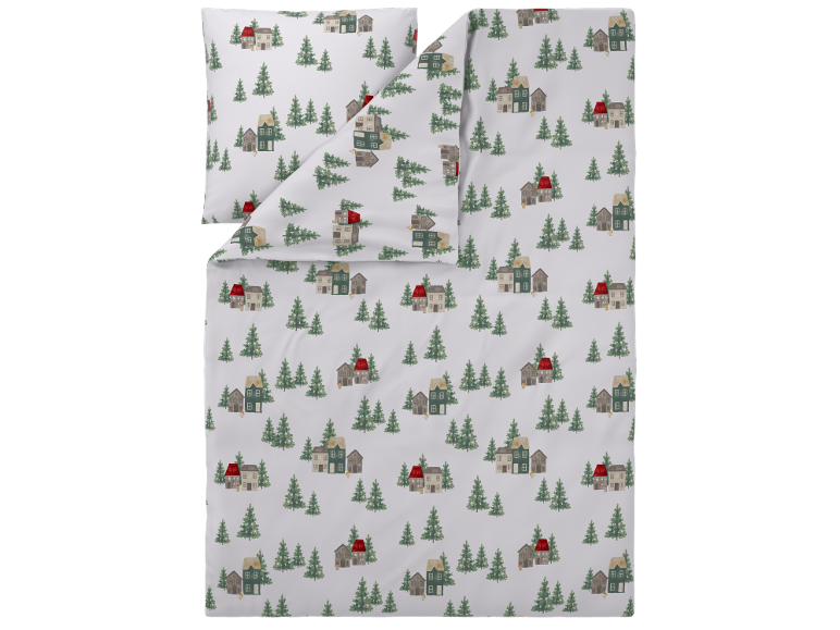 Bettwäsche-Set mit Häuser- und Tannenbaum-Muster.
