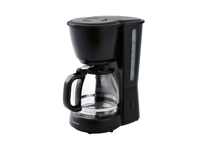 Schwarze Filterkaffeemaschine mit Glaskanne und Wasserstandsanzeige.