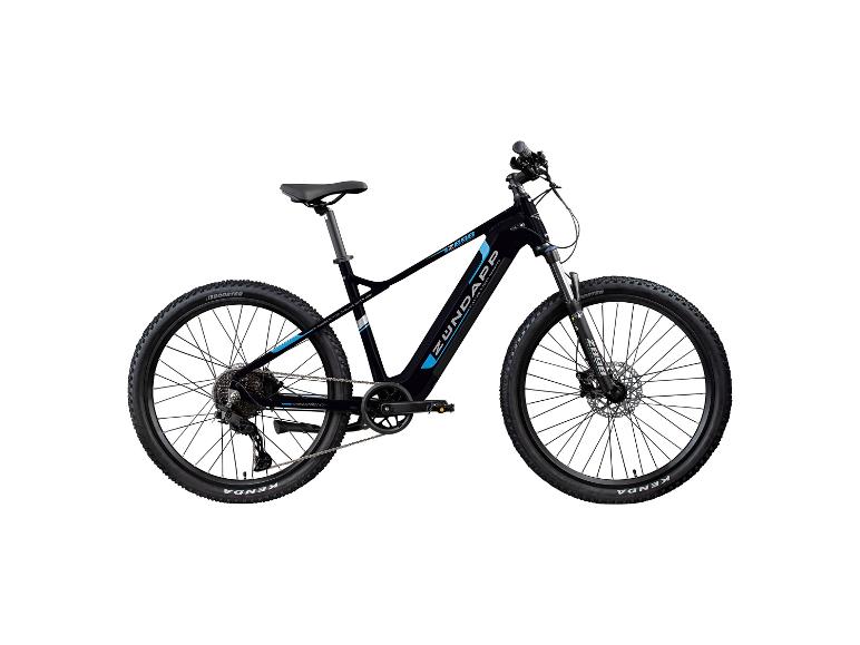 Schwarzes E-Mountainbike mit blauen Akzenten und dem Text „Z898“.