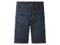 Dunkelblaue Jeans-Shorts mit orangefarbenen Nähten und Metalldetails.