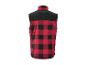 Rot-schwarze karierte Weste mit Stehkragen und schwarzem Schulterbereich.