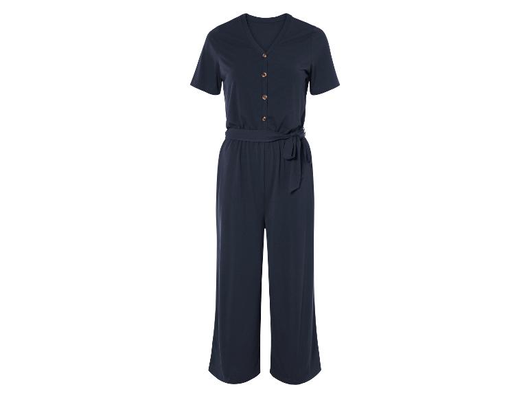Dunkelblauer Jumpsuit mit Knöpfen, lässiger Stil.