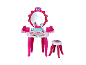 Rosa-weißer Barbie Schminktisch mit Hocker und Schönheitszubehör.