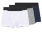 Drei Boxershorts: weiß, grau und dunkelblau, mit schwarzem Bund.