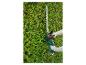 Eine Person schneidet eine Hecke mit einer elektrischen Parkside Heckenschere.