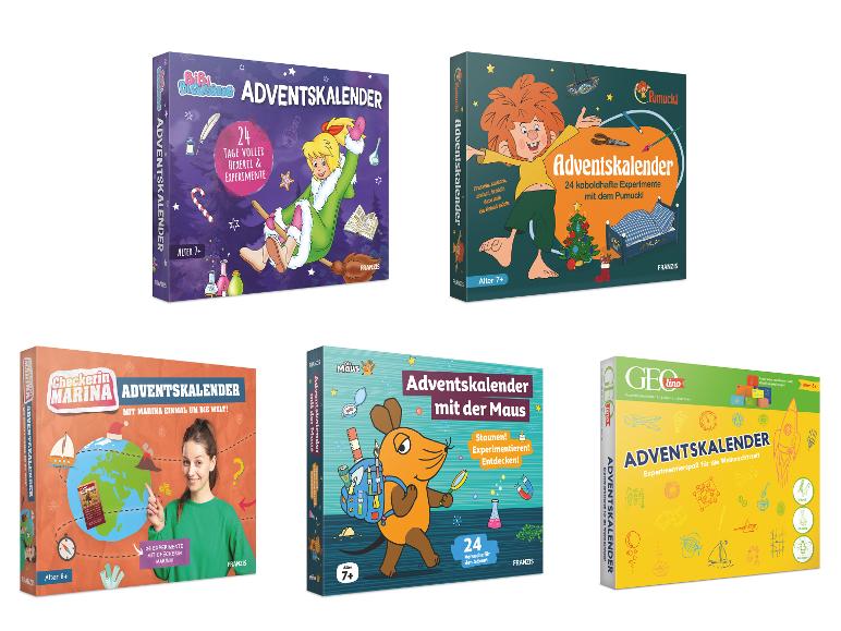 Fünf FRANZIS Adventskalender für Kinder, mit Themen wie Bibi Blocksberg, Pumuckl und Die Maus.