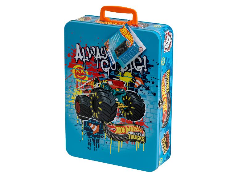 Blaue Hot Wheels Monster Trucks Metallbox mit orangefarbenem Griff und Monstertruck-Grafiken.