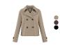 Beige zweireihige Jacke mit Knöpfen und Farbpalette.