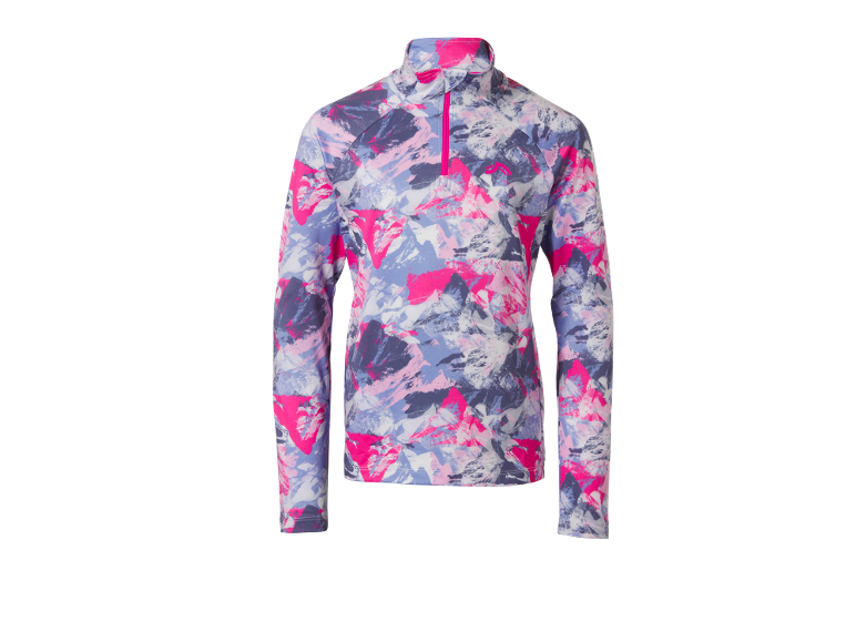 Langarmshirt für Damen mit farbigem abstraktem Muster und Reißverschluss.