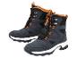 Ein Paar dunkelgraue Wanderstiefel mit orangefarbenen und schwarzen Details.