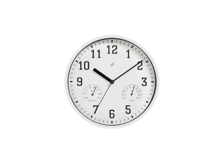 Weiße Wanduhr mit Thermometer und Hygrometer.
