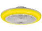 Gelb-weißer Deckenventilator mit integriertem Licht, von unten gesehen.