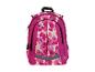 Rosa Rucksack mit Blumenmuster und schwarzen Details.