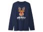 Blaues Langarmshirt mit Weihnachtsmotiv, Rentier und „Merry Christmas“-Schriftzug.