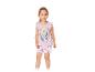 Lila Mädchen-Kurzpyjama mit Elsa-Aufdruck und geblümten Shorts.