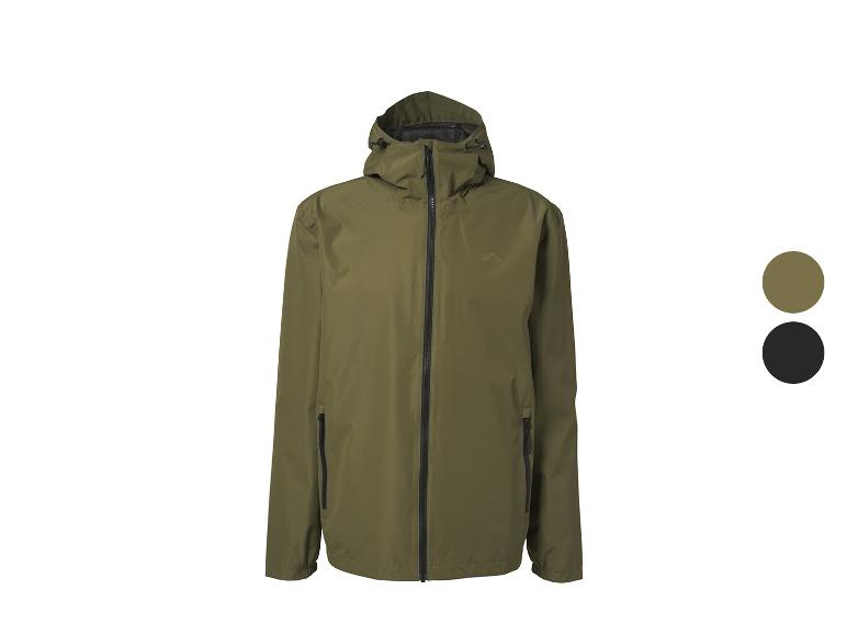 Herren-Regenjacke in Olivgrün mit Reißverschluss und Kapuze, mit schwarzer Farboption.