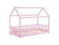 Ein rosa Kinderbett aus Holz mit Hausdach.