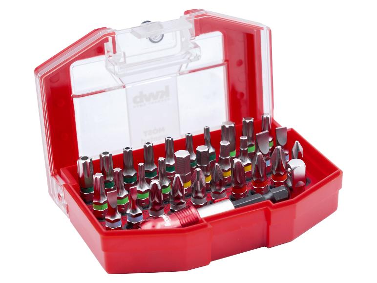 Schraubendreher-Bit-Set in roter Box, mit verschiedenen Bits und Adaptern.