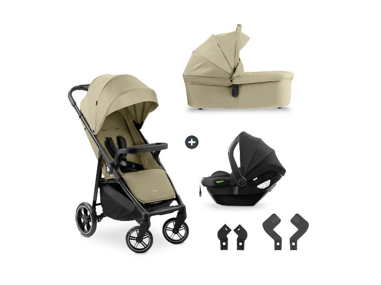Hauck Reise-Set: beiger Kinderwagen, Babywanne, Babyschale und Adapter.