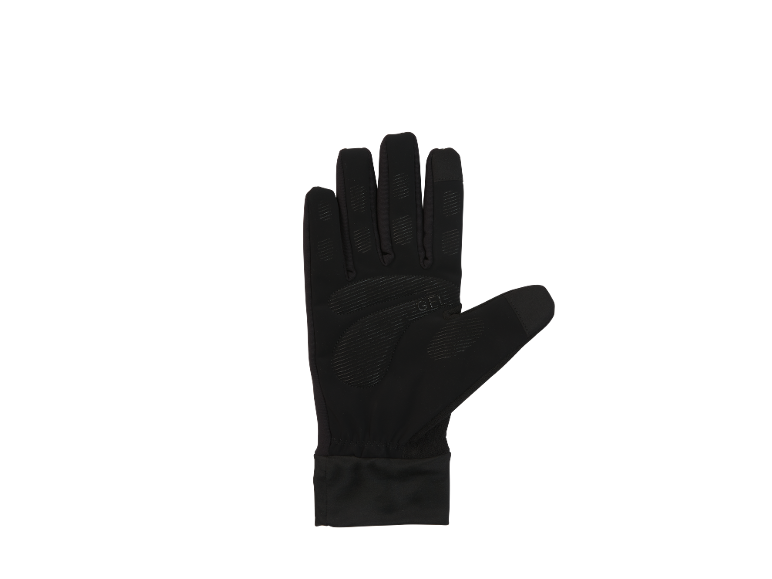 Schwarzer Sporthandschuh mit texturierter Handfläche und Fingerspitzen, mit „GEL“-Schriftzug.