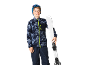 Junge in Skijacke, Hose, Mütze und Brille, Skier haltend.