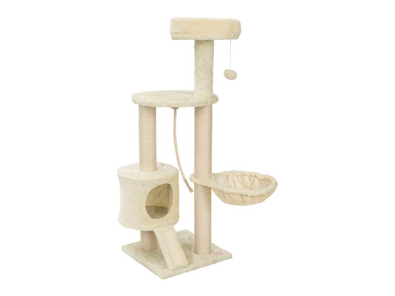 Beiger Katzenkratzbaum mit Bett, Höhle, Kratzstämmen und Hängespielzeug.