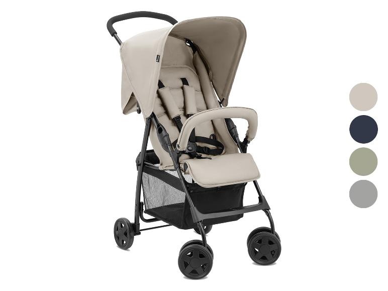 Beiger Kinderwagen mit schwarzem Gestell und Rädern, daneben vier Farbmuster.