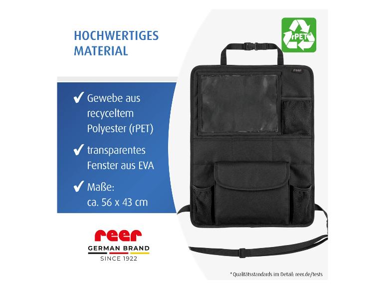REER TravelKid Autorücksitz Organizer aus recyceltem Polyester (rPET) mit transparentem Fenster, 56x43 cm.