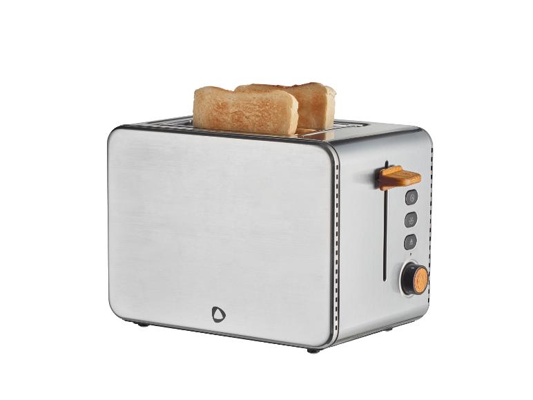 Silberner Toaster mit zwei Brotscheiben, mit Holzapplikationen und Knöpfen.