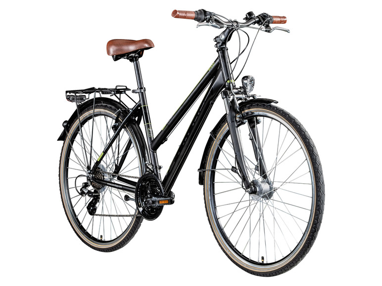 Ein schwarzes Citybike mit braunem Sattel und Schutzblechen.