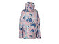 Kinder-Skijacke mit Kapuze, rosa, blau und weiß gemustert, Rückansicht.