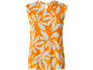 Oranges ärmelloses Top mit weißem Blumenmuster, gekreppte Textur.