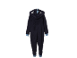 Dunkelblauer Kinder-Overall mit Kapuze und Dinosaurier-Details.