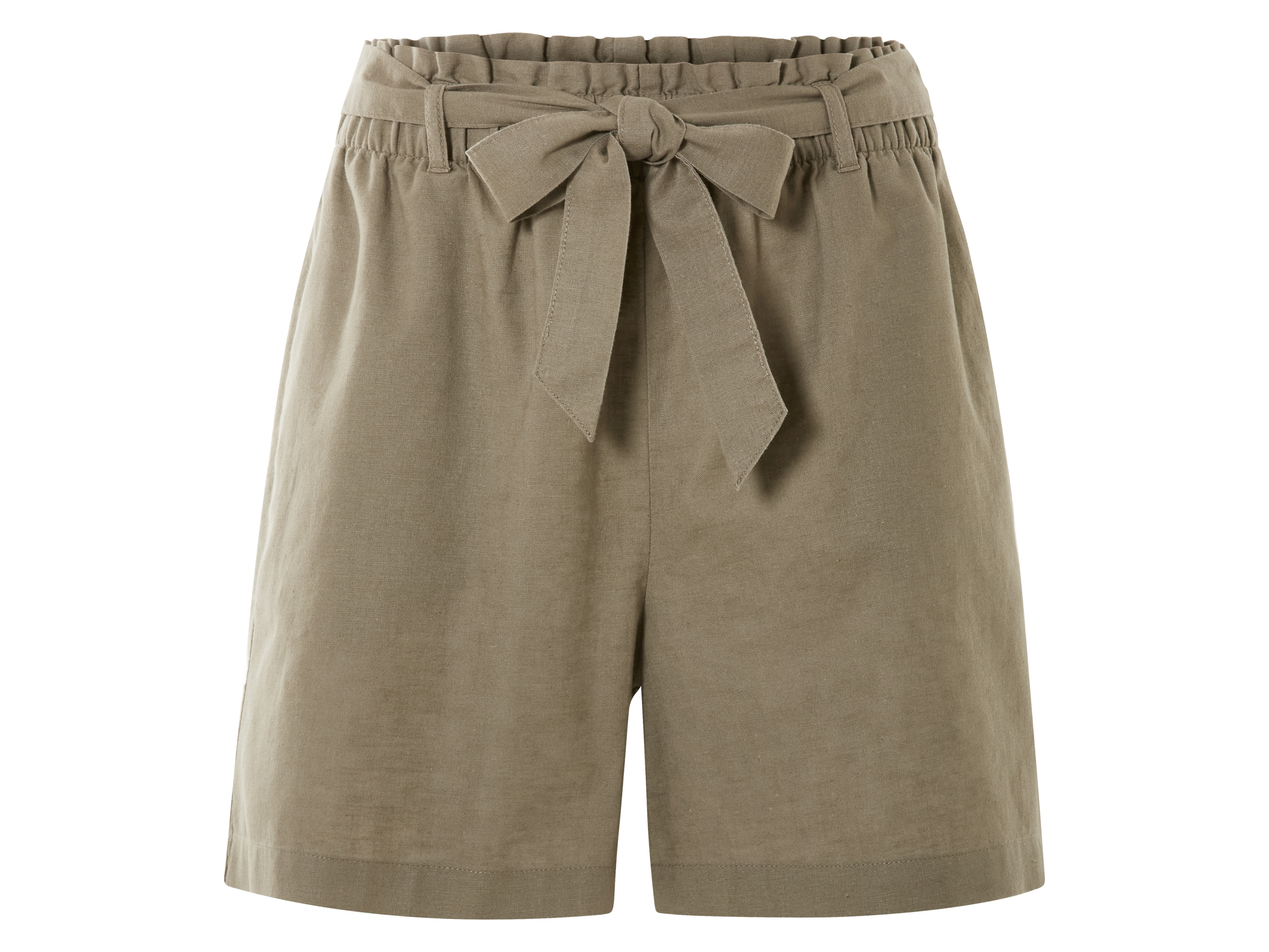 esmara® Damen Shorts (Olive, 44)““ | mit seitlichen Eingrifftaschen beige: teilelastischer Gummizugbund bunt, olive: hohe Paperbag-Taille mit Bindegürtel Schnitt: leger geschnitten Leibhöhe: beige: hohe Leibhöhe Material: Baumwolle, 30 % Leinen Pflegehinweis: waschen bei max. 40 °C nicht bleichen nicht im Wäschetrockner trocknen bügeln bis 150 °C Stufe 2. Dampfbügeleisen kann verwendet werden nicht trockenreinigen Größe: 34 – 46 Meine Lidl-Größe – so einfach gehts Deine Größe findest du in der Lidl-Größentabelle . Oeko-Tex® Standard 100 Geprüft auf Schadstoffe Zertifizierungsnummer: 14.Hbd.49419 Hohenstein Htti Standard 100 by Oeko-Tex® ist die weltweit bekannteste, unabhängige Zertifizierung schadstoffgeprüfter Textil- und Lederprodukte aller Art – vom Garn und den Stoffen bis hin zum gebrauchsfertigen Artikel. Das Label bestätigt