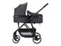 Dunkelgrauer Kinderwagen mit Verdeck und Netzkorb.