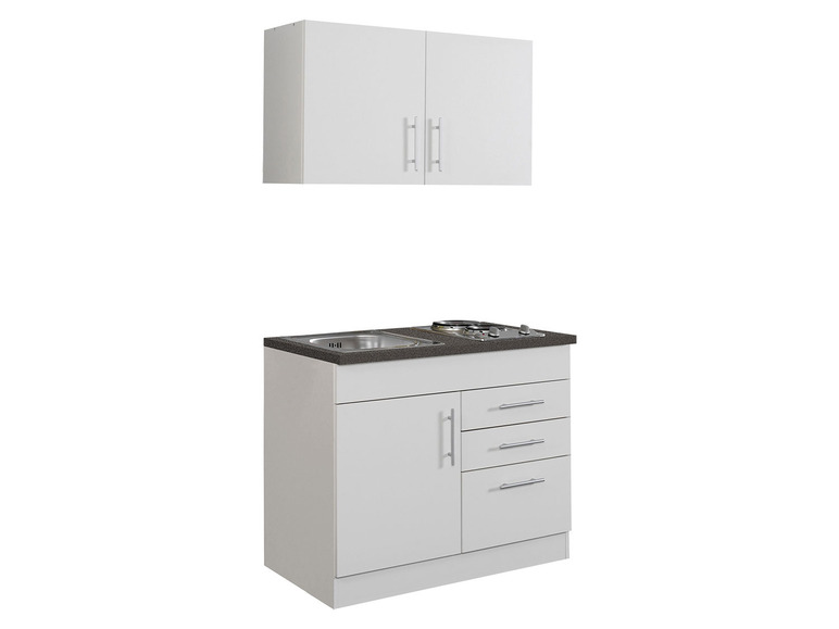 Weiße Küchenschränke mit Spüle und Kochfeld.