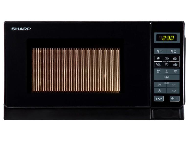 Sharp schwarze Mikrowelle mit Digitalanzeige, die 02:30 anzeigt, und Bedienfeld.