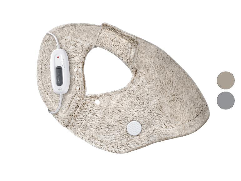 Ein beiges elektrisches Heizkissen mit weißem Controller und zwei Farbmustern.