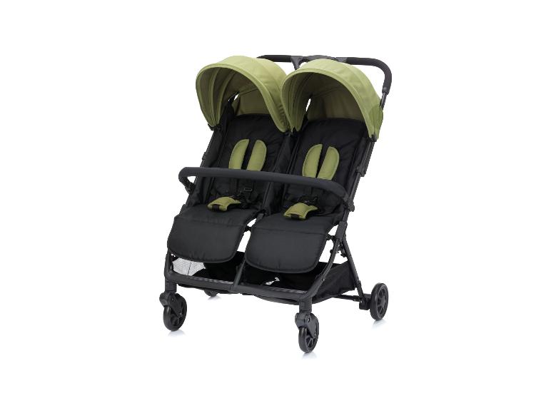 Grüner und schwarzer Zwillingskinderwagen mit zwei Sitzen und Verdecken.