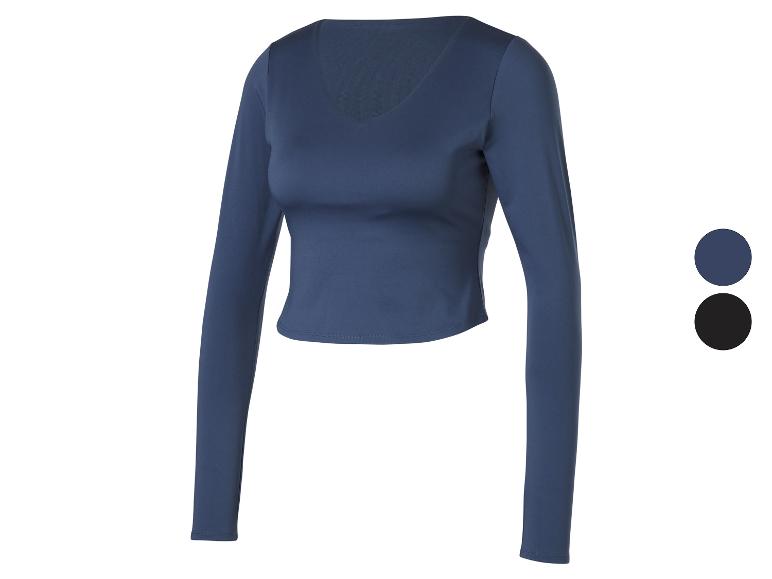 Blaues Langarm-Top mit V-Ausschnitt und schwarzer Farboption.