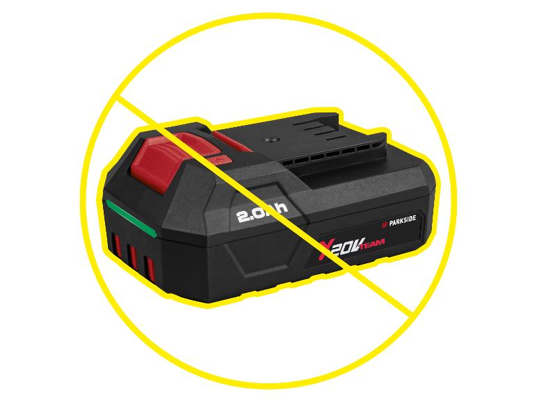 2,0 Ah Akku für Elektrowerkzeuge mit einem gelben X, das anzeigt, dass er nicht enthalten ist.