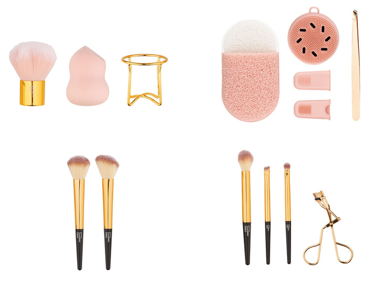 Make-up-Pinsel, Schwamm, Pinzette, Wimpernzange und Zubehör