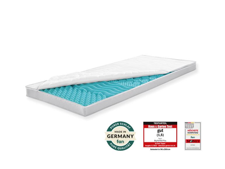 Matratze mit abnehmbarem Bezug, der einen blauen, wellenförmigen Schaumkern zeigt, mit 'Made in Germany' und 'Haus & Garten Test' Labels.