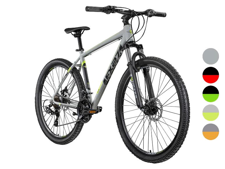 Graues Mountainbike mit neongelben Akzenten und schwarzen Rädern.