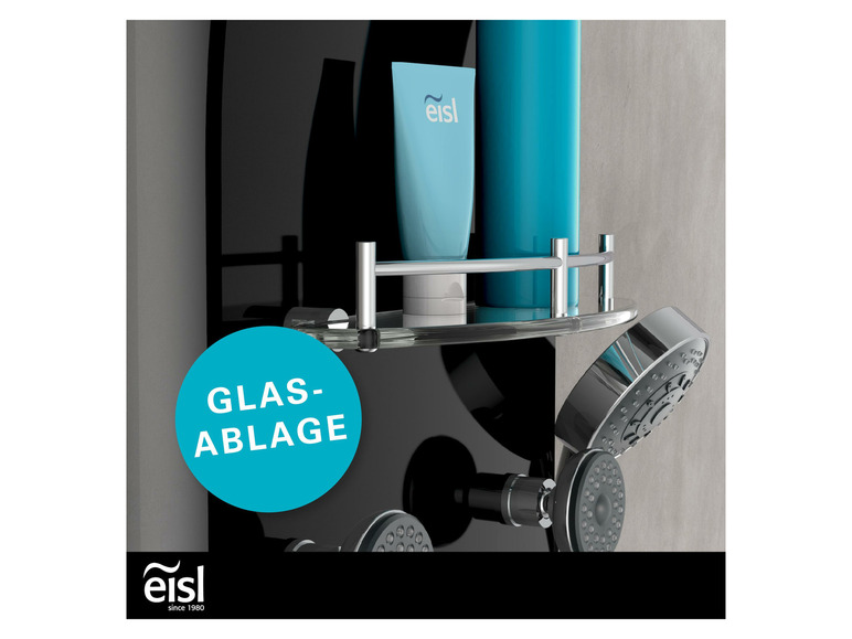 Ein Glas-Duschregal mit Eisl-Produkten und einer Duschbrause.