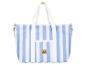 Gestreifte weiß-blaue Tasche mit Griffen und Schultergurt, ideal für Strand oder Einkauf.
