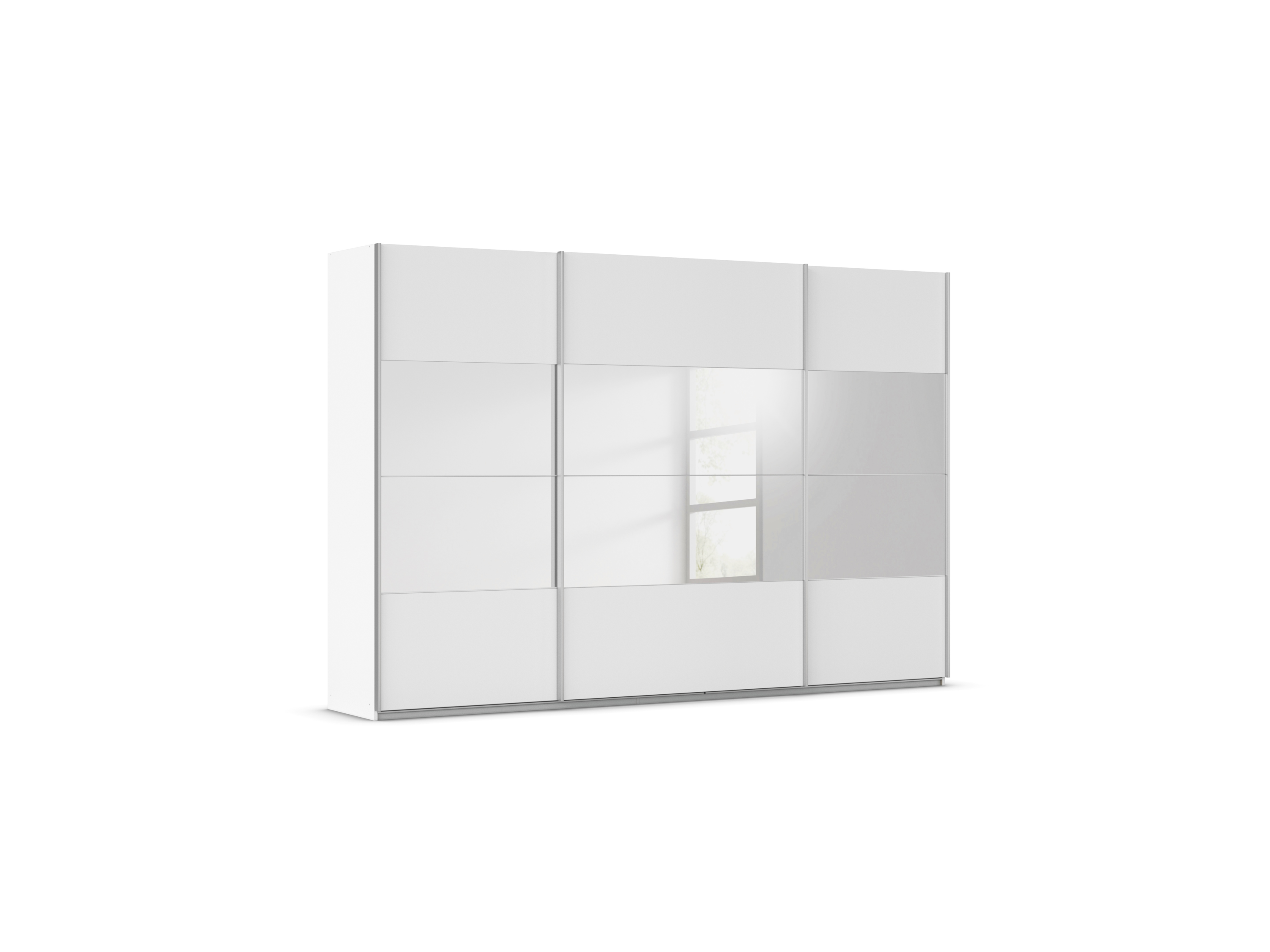 RAUCH ORANGE Quadra Schwebetürenschrank mit Spiegelelementen (Classic-Zubehör, Korpus Weiß, 315 x 210 cm)