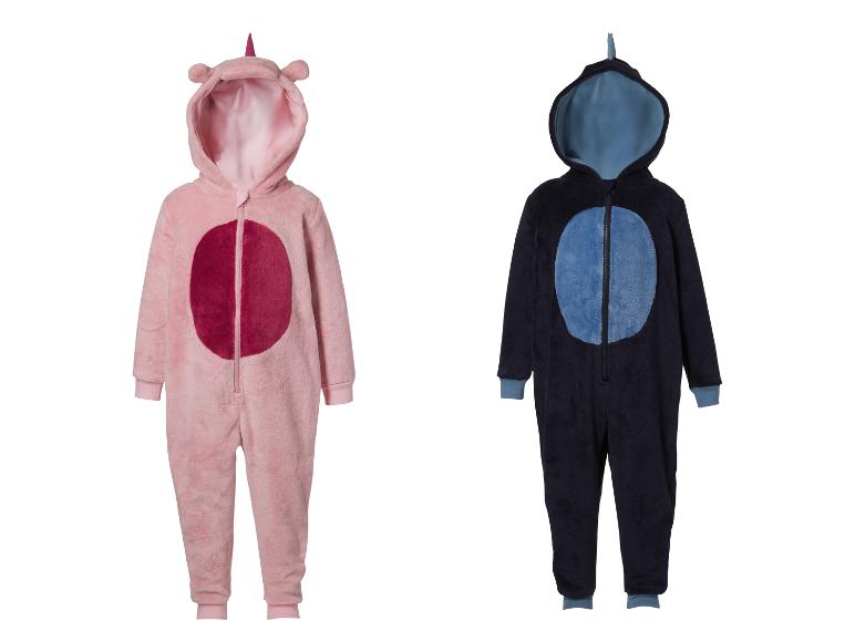 LUPILU® Kinder-Plüschoveralls: rosa Einhorn und dunkelblauer Drache.