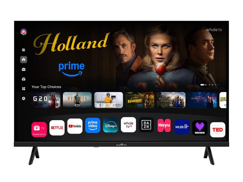 Smart-TV mit Startbildschirm, der Filme, Serien und Streaming-Apps anzeigt.