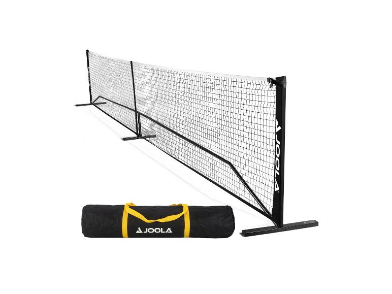 Tragbares schwarz-weißes Sportnetz mit schwarzer Tragetasche.